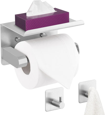 WDFAACK Chrome Toilet Paper Holder with Shelf for Extra Storage, 2-in-1 Wall Mounted Bathroom Tissue Stand for Cell Phone and Small Items