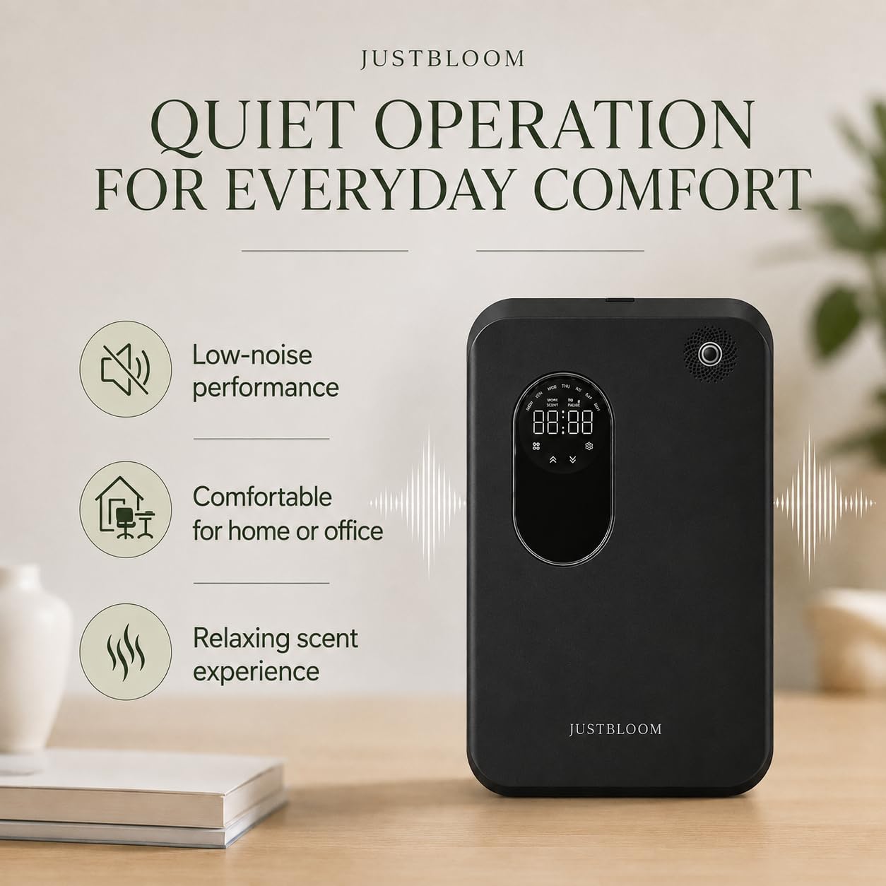 JUSTBLOOM Hotel Essential Oil Diffuser, Waterless Fragrance Diffuser | Up to 4000 Sq Ft: Smart App Control, Cold Air Diffusion, ,360° Ambient Light, Auto Shut-Off, Premium Aluminum Design