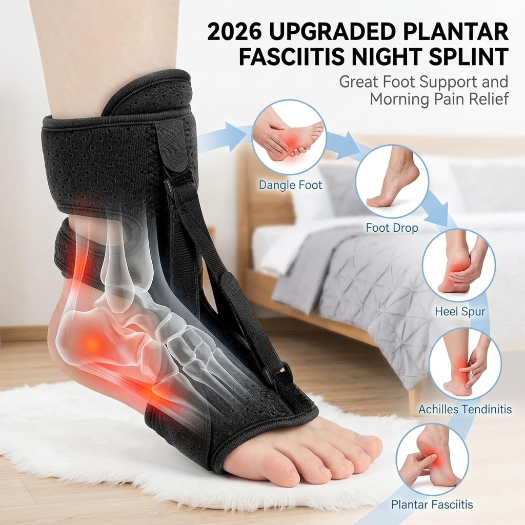 Plantar Fasciitis Night Splint, Adjustable Foot Drop Brace for Achilles Tendon Support, Sleeping Stretch Boot for Heel Pain Relief, Soft Day Night Ankle Support for Men Women (1PC-Black)