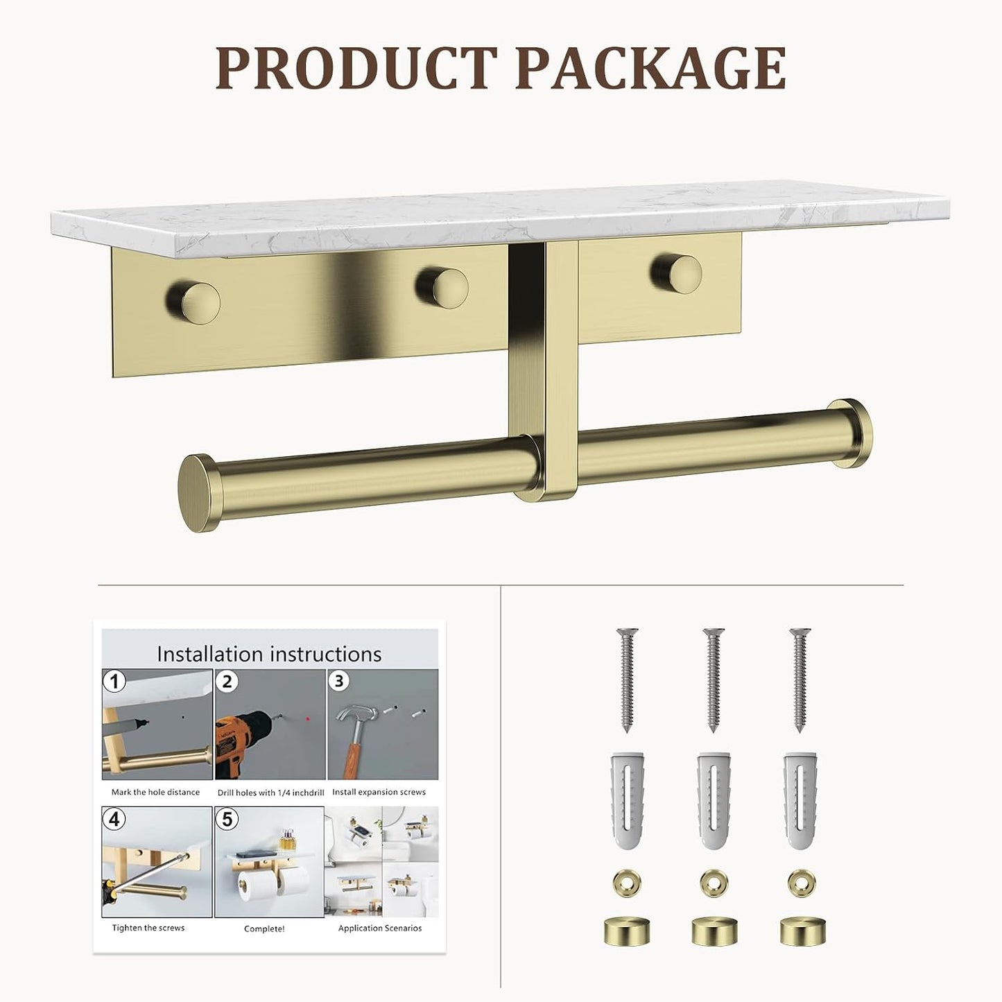 BWE Brushed Gold Toilet Paper Holder with Marble Shelf Wall Mounted | Toilet Paper Roll Holder with Phone Shelf 304 Stainless Steel Tissue Holder for Bathroom Washroom,Saving Space