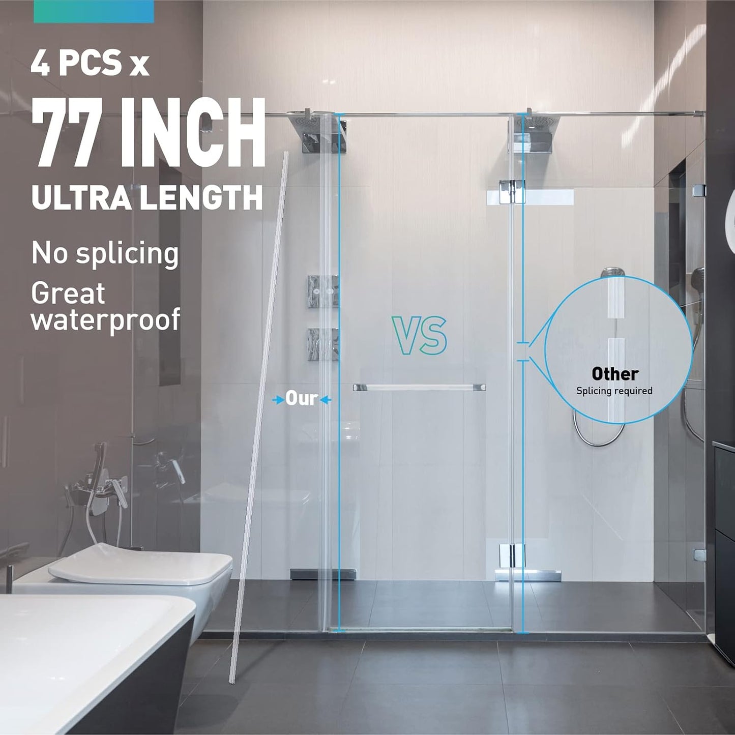 Shower Door Seal | 4 PCS 3/8" x 77" Frameless Glass Door Side Seal and Bottom Seal Door Sweep, Stop Shower Leaks Create a Water Barrier