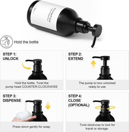 Refillable Shampoo and Conditioner Shower Dispenser Set of 3 - Wall Mounted | 3 Chamber Dispensers for Bathroom. No Drill Pump with Bottles for Soap and Body Wash. Matte Black Bottle with Labels (16oz)