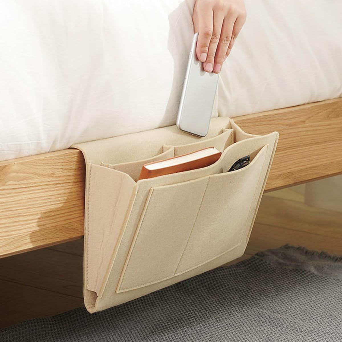 Bringsine 5 Pockets Bedside Caddy, Felt Bed Storage Organizer Hanging Bag Holder for Magazine Book Phone Tablet iPad Cables Remote and Glasses Holder Home Dorm Bed Sofa-Black