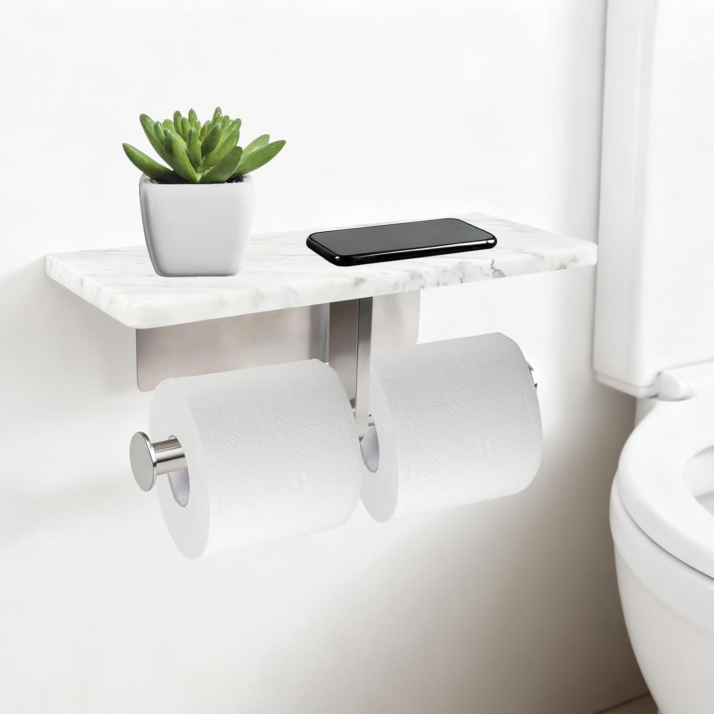 Toilet Paper Holder with Natural Marble Shelf for Bathroom Washroom,Wall Mounted Tissue Holder Suitable for Mega Roll (Brushed Nickel,Small 6.7 * 4.3 in)
