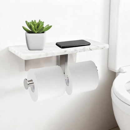 Toilet Paper Holder with Natural Marble Shelf for Bathroom Washroom,Wall Mounted Tissue Holder Suitable for Mega Roll (Brushed Nickel,Small 6.7 * 4.3 in)