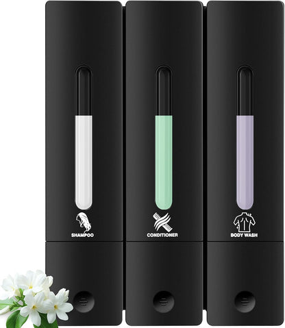 3 Chamber Shampoo and Conditioner Dispenser Set, No Drill Shower Soap | Refillable wall-mounted bottles, BPA-free. 3x400ml. Dispenses shampoo, conditioner,body wash, soap, lotion, gel. Black.