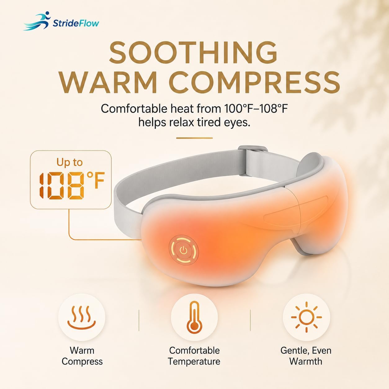 STRIDEFLOW Eye Massager with Heat, Migraine Mask & Headache Relief, FSA Eligible/HSA Eligible, Dry Eye Relief, GENTLE Warmth & LIGHT Compression, Cooling Gel Eye Mask, Foldable Rechargeable