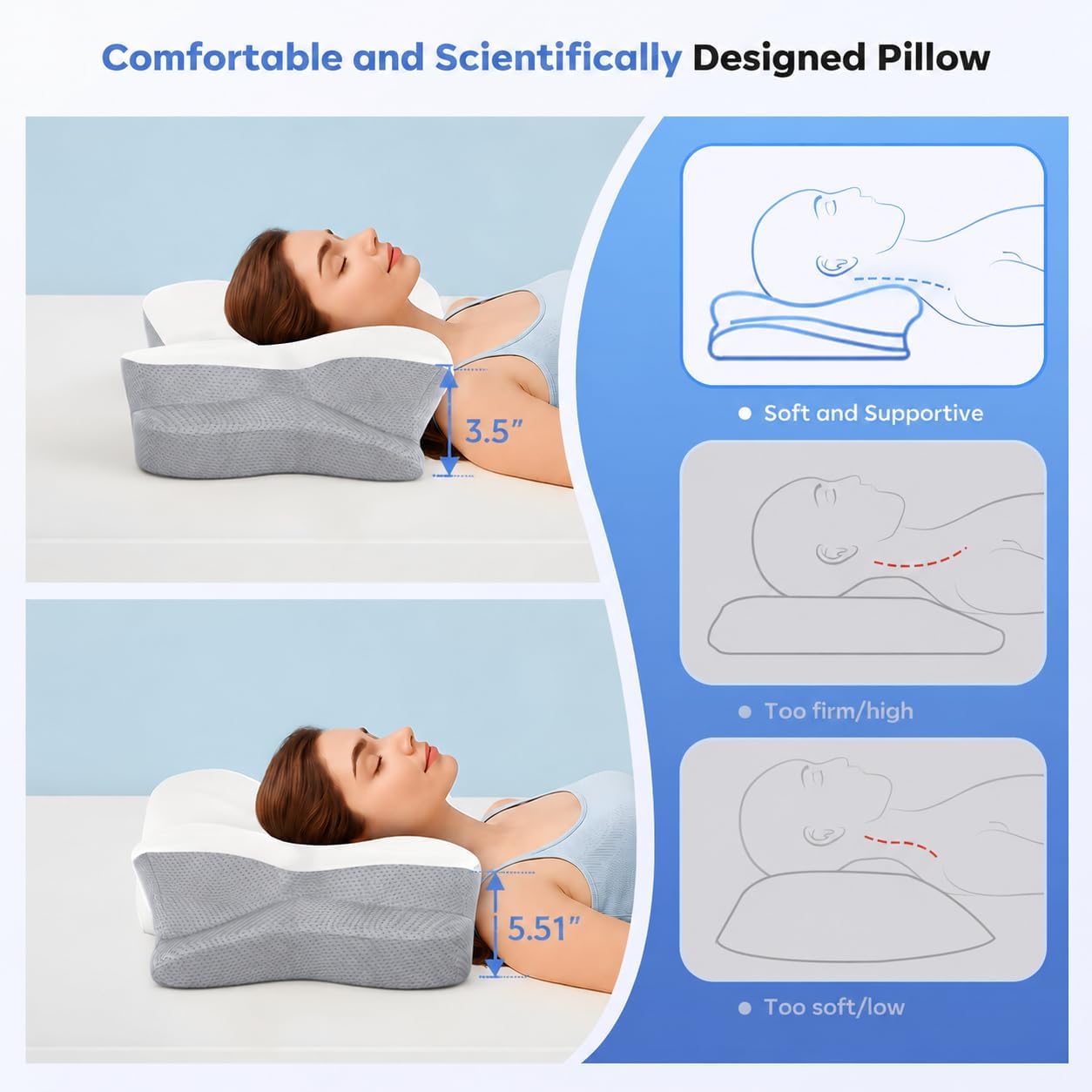 Ultra Comfort Ergonomic Cervical Pillow, Supportive Memory Foam Neck Pillow, Adjustable Height, Breathable Cover, for All Sleepers, No Odor