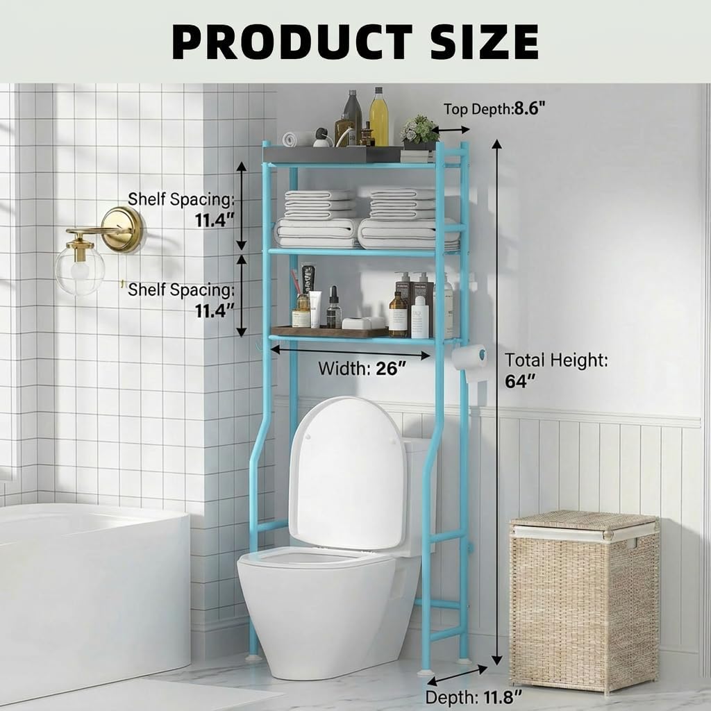 GloTika 3-Tier Over Toilet Storage, Anti-Tilt, 64" H, Black | Anti-Tilt Safety System, 150lb Capacity, Carbon Steel, Freestanding, No Drilling, Anti-Rust Coating, Paper Holder & 4 Hooks