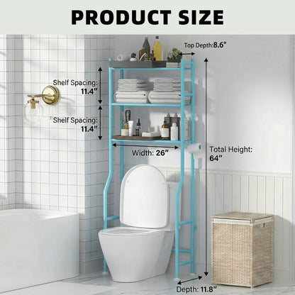 GloTika 3-Tier Over Toilet Storage, Anti-Tilt, 64" H, Black | Anti-Tilt Safety System, 150lb Capacity, Carbon Steel, Freestanding, No Drilling, Anti-Rust Coating, Paper Holder & 4 Hooks