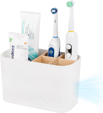 Electric Toothbrush Holder Tooth Brush and Toothpaste Organizer, Black | 3 Slots, Drainage Holes, Removable Bamboo Divider, Ventilation Design, Space-Saving, for Bathroom Countertop, Shower, Vanity