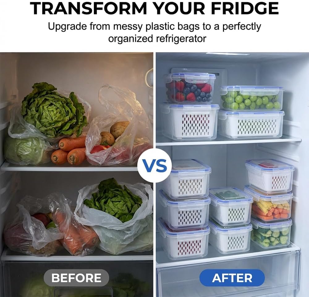 4-in-1 Large Fruit Storage Container with Removable Colander, Leakproof Produce Keeper for Fridge, BPA-Free & Microwave Safe Food Organizer (Grey, S+M+L)