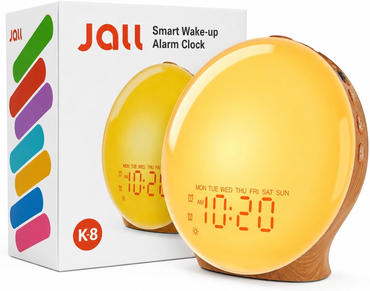 JALL Full-Screen Wake Up Light Sunrise Alarm Clocks for Bedrooms, White Noise Machine for Heavy Sleepers, 25 Natural Sounds, Dual Alarms, FM Radio, 17 Dimmable Colors, Bluetooth Speaker