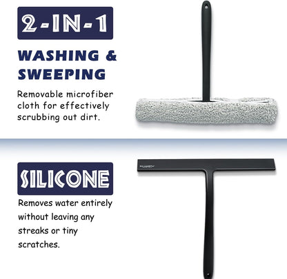 12 Inch Silicone Shower Squeegee for Glass Doors with Microfiber Cloth & Hook, Streak-Free Window Cleaner for Bathroom Mirror Tile Car, No-Scratch Squeegee with Rustproof Metal Core (Black)