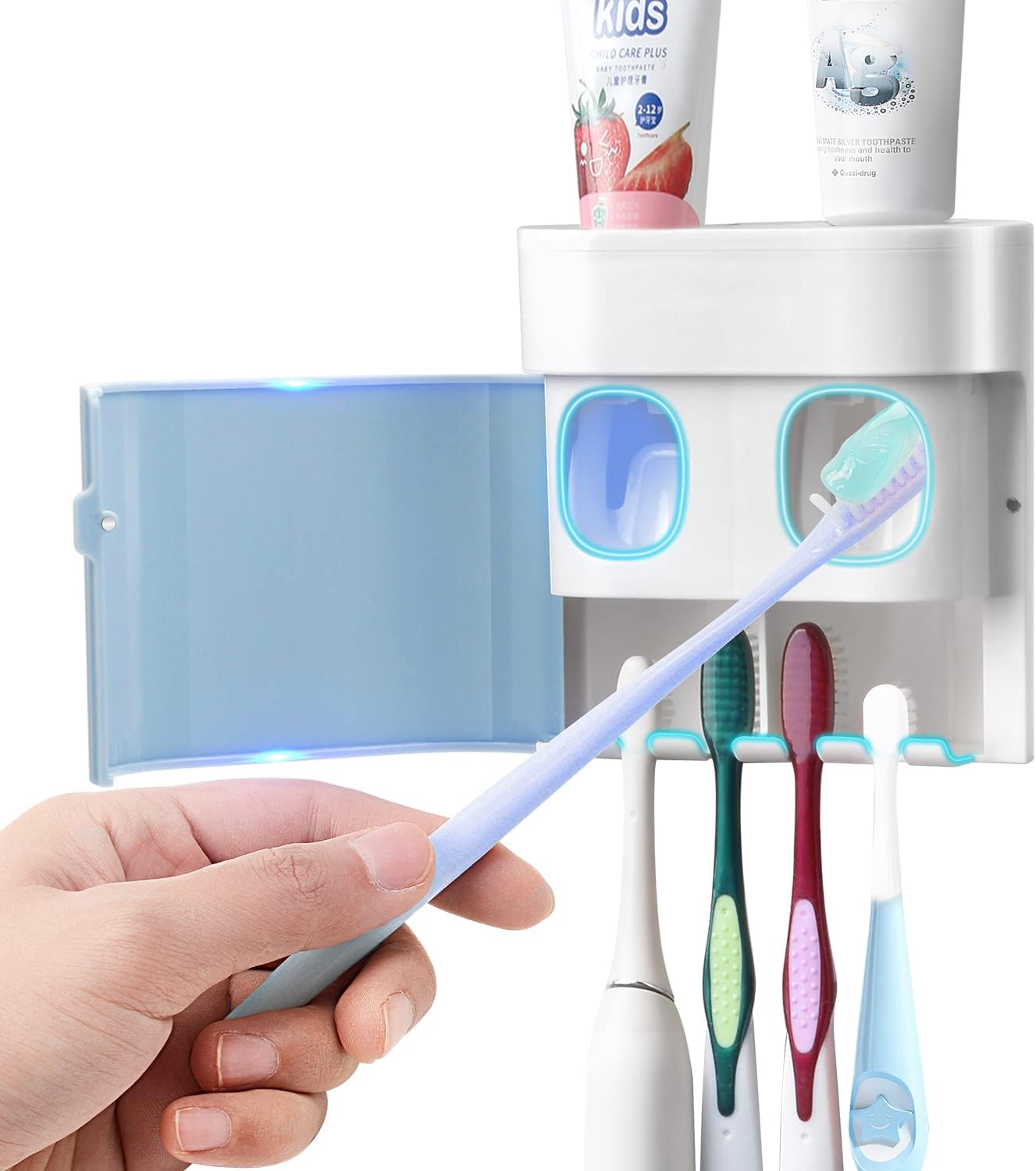GFWARE Toothbrush Holder Toothpaste Dispenser Wall Mounted with Cover, 4 Slots Tooth Brush Storage Organizer with Automatic Kids Toothpaste Squeezers for Shower Bathroom Black | Automatic Toothpaste dispenser for Kids, Bathroom Storage Organizer with
