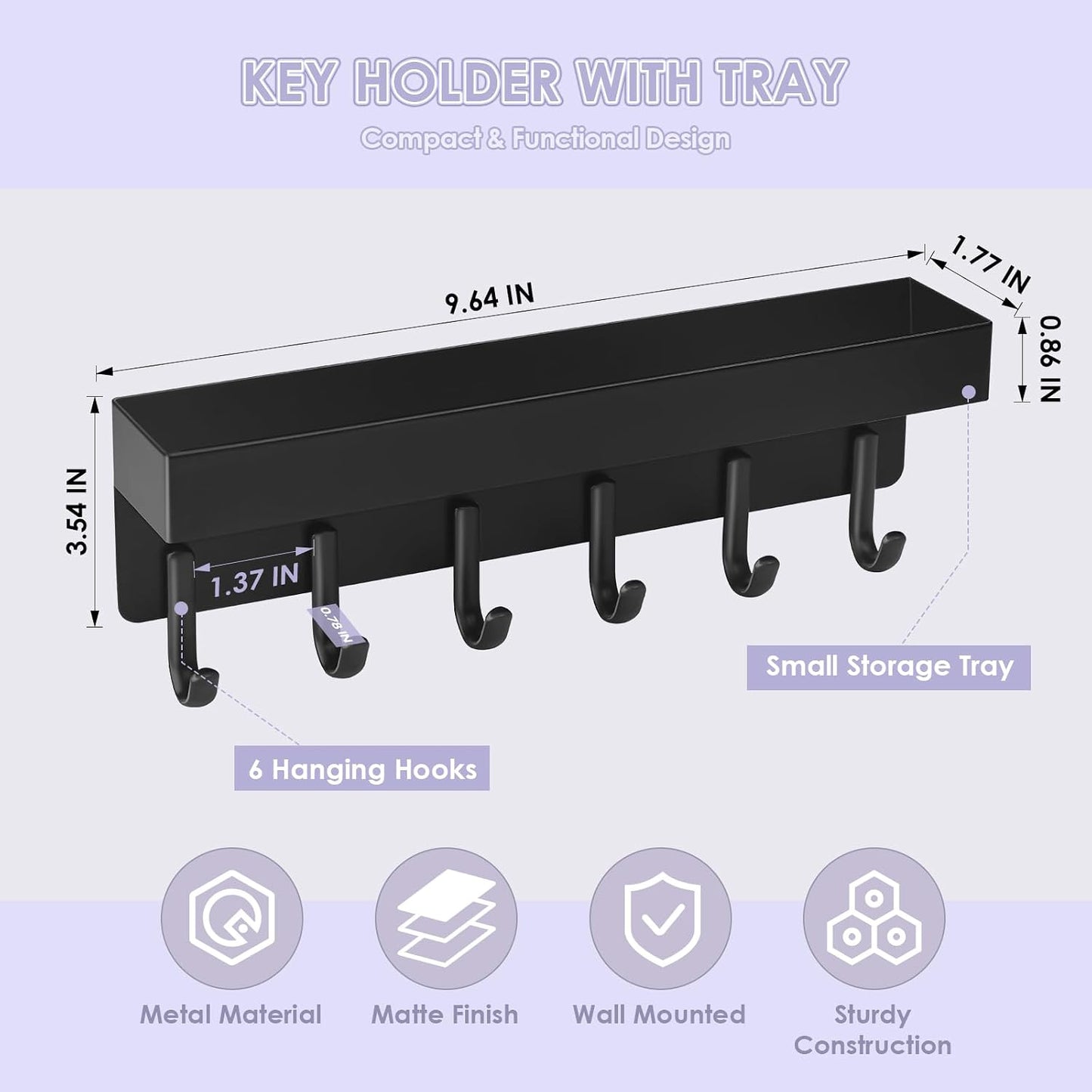 VIS'V Key Holder Wall Mount, Adhesive Key Rack with Tray, 6 Hooks, Black | 2 Mount Options, Compact Discreet Design, Suitable for Entryway, Hallway, Doorway, Kitchen, Garage, Camper