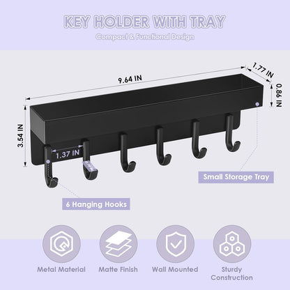 VIS'V Key Holder Wall Mount, Adhesive Key Rack with Tray, 6 Hooks, Black | 2 Mount Options, Compact Discreet Design, Suitable for Entryway, Hallway, Doorway, Kitchen, Garage, Camper