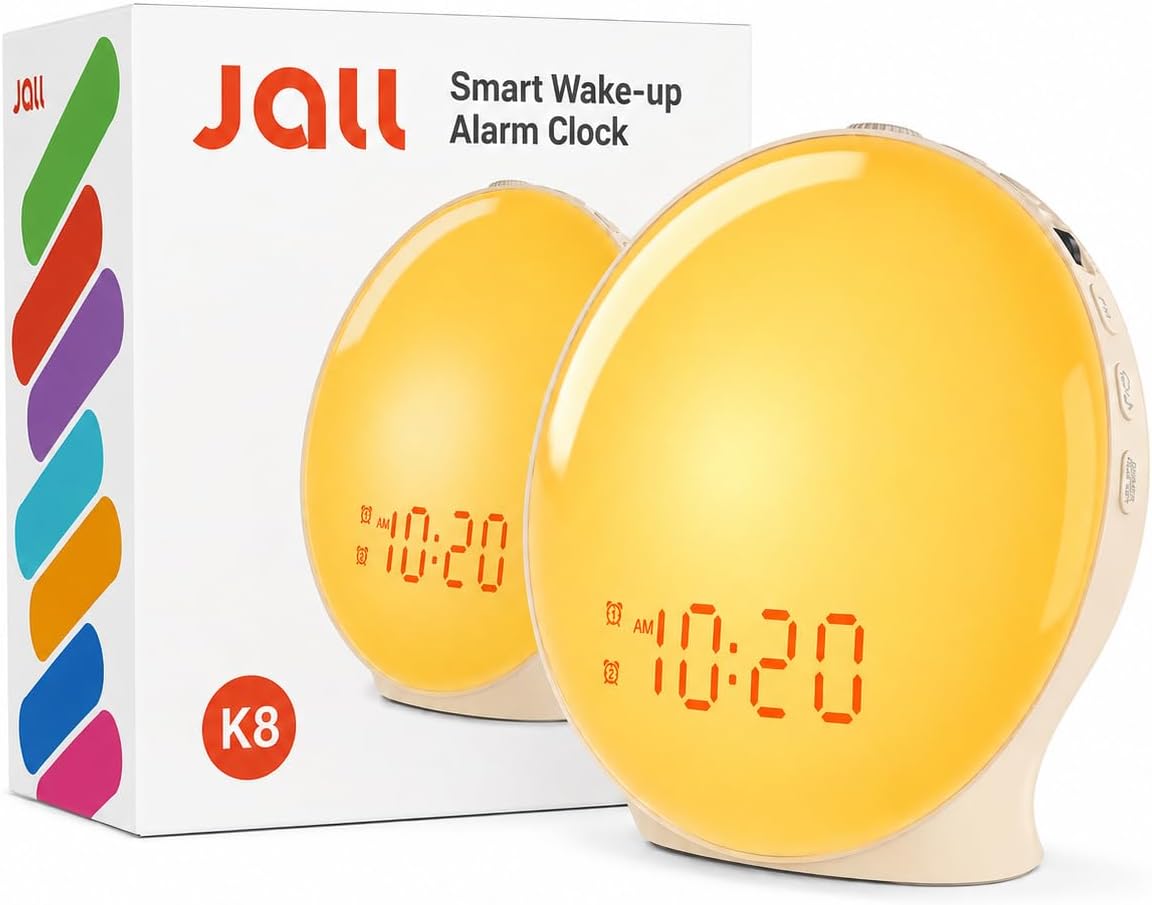 JALL Full-Screen Wake Up Light Sunrise Alarm Clocks for Bedrooms, White Noise Machine for Heavy Sleepers, 25 Natural Sounds, Dual Alarms, FM Radio, 17 Dimmable Colors, Bluetooth Speaker