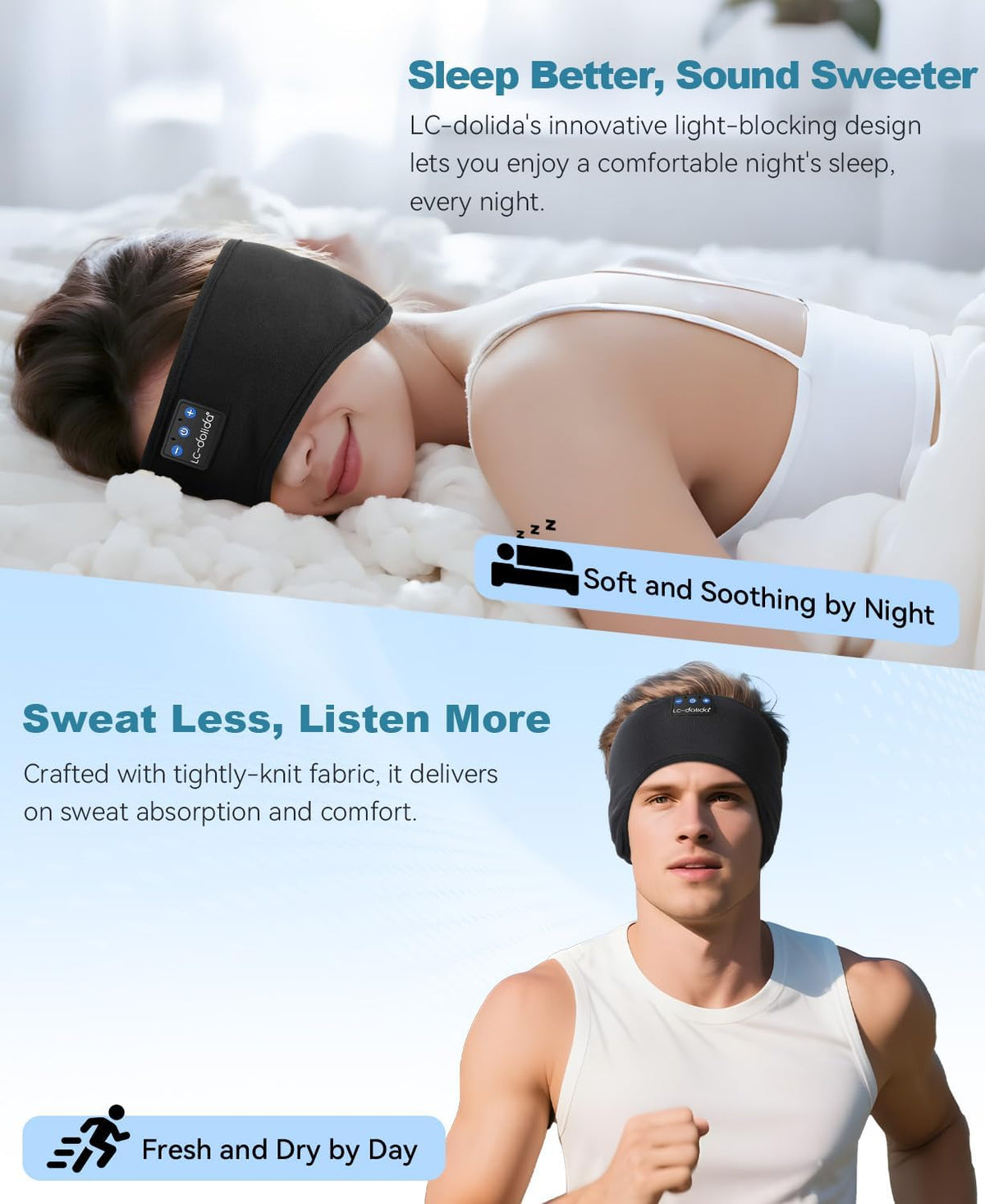 LC-dolida Sleep Headphones Bluetooth 5.4, Headband Headphones Earphones Wireless, Sleep Mask for Gifts,Workout,Jogging,Yoga(Purple)