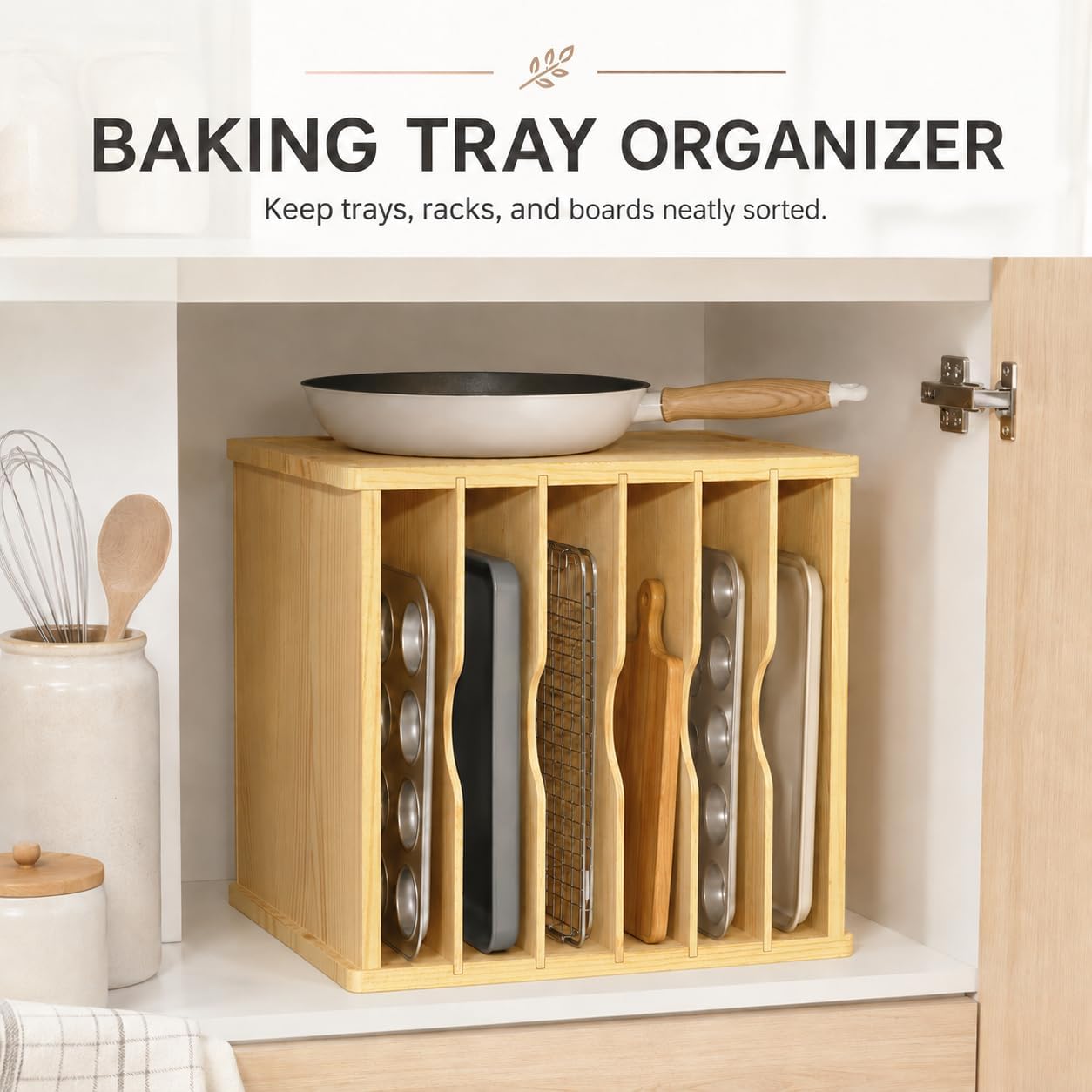 Cookie Sheet Organizer for Cabinet, 7 Tier Wooden Tray Divider | Vertical Cabinet Storage for Baking Sheets, Sheet Pans, Cutting Boards and Flat Pans, 15.35 in W x 11.81 in D x 16.54 in H