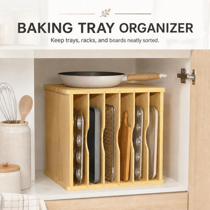 Cookie Sheet Organizer for Cabinet, 7 Tier Wooden Tray Divider | Vertical Cabinet Storage for Baking Sheets, Sheet Pans, Cutting Boards and Flat Pans, 15.35 in W x 11.81 in D x 16.54 in H
