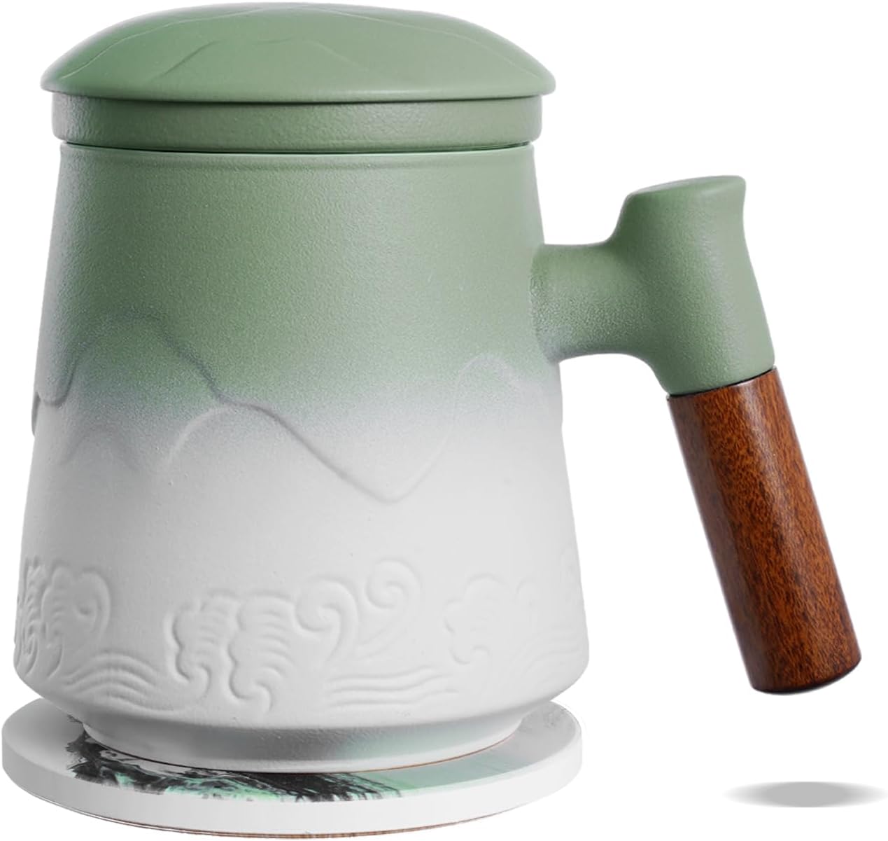 ZENS Tea Cup with Infuser and Lid & Coaster for Tea Steeper, 15oz Blue | Embossed Ceramic Tea Infuser Mug for Loose Leaf Tea Difussers, Tea Lovers Gifts, Nature Wood Handle