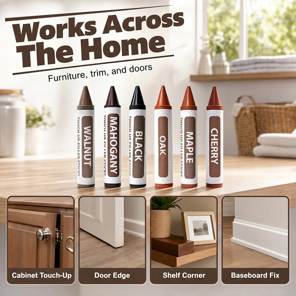 Furniture Scratch Repair Wax Crayons, 2026 New Wood Furniture Markers Touch Up for Scratches, Multifunctional Furniture Pens for Touch Up Wood Portable Wood Floor Repair Kit (6)