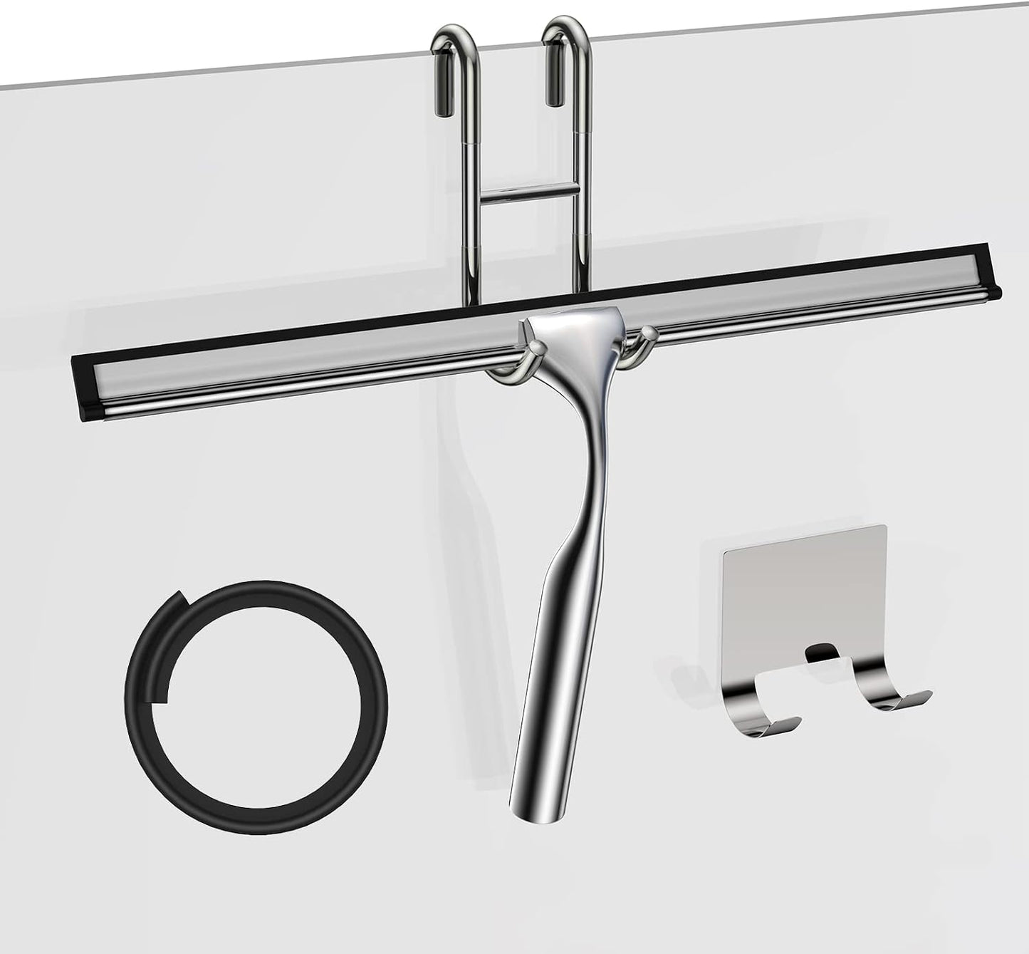 Black Shower Squeegee for Glass Door 12-Inch Bathroom Squeegee Window Wiper, with Shower Door Hook, Adhesive Hook, Spare Silicone Blade for Window Mirror Car All-Purpose Squeegee