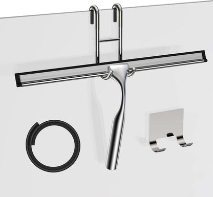 Black Shower Squeegee for Glass Door 12-Inch Bathroom Squeegee Window Wiper, with Shower Door Hook, Adhesive Hook, Spare Silicone Blade for Window Mirror Car All-Purpose Squeegee