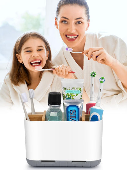 GFWARE Toothbrush Holders for Bathrooms - Bamboo Divider Toothbrush and Toothpaste Holder with Drainage, Kids Electric Toothbrush Organizer for Bathroom Countertop, White Tooth Brush Holder | 5 Slots Toothbrush and Toothpaste Holder with Bamboo Divider,