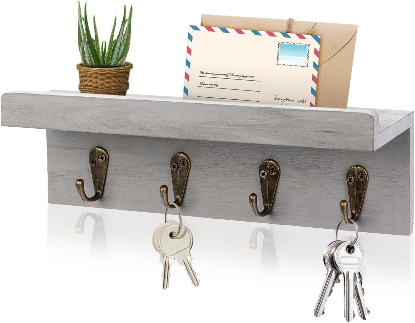 HRONRAD Rustic Key Holder for Wall, Farmhouse Wall Shelf with 4 Hooks, Wall Mounted Key Racks, Wooden Mail Organizer with Hooks for Entryway (Brown - Pine)