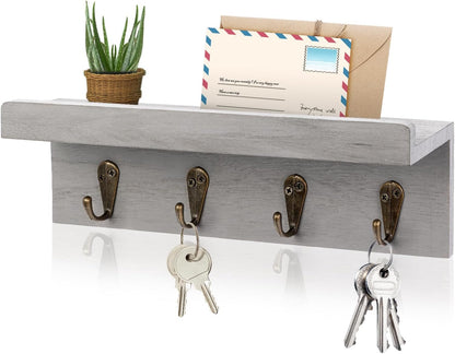 HRONRAD Rustic Key Holder for Wall, Farmhouse Wall Shelf with 4 Hooks, Wall Mounted Key Racks, Wooden Mail Organizer with Hooks for Entryway (Brown - Pine)