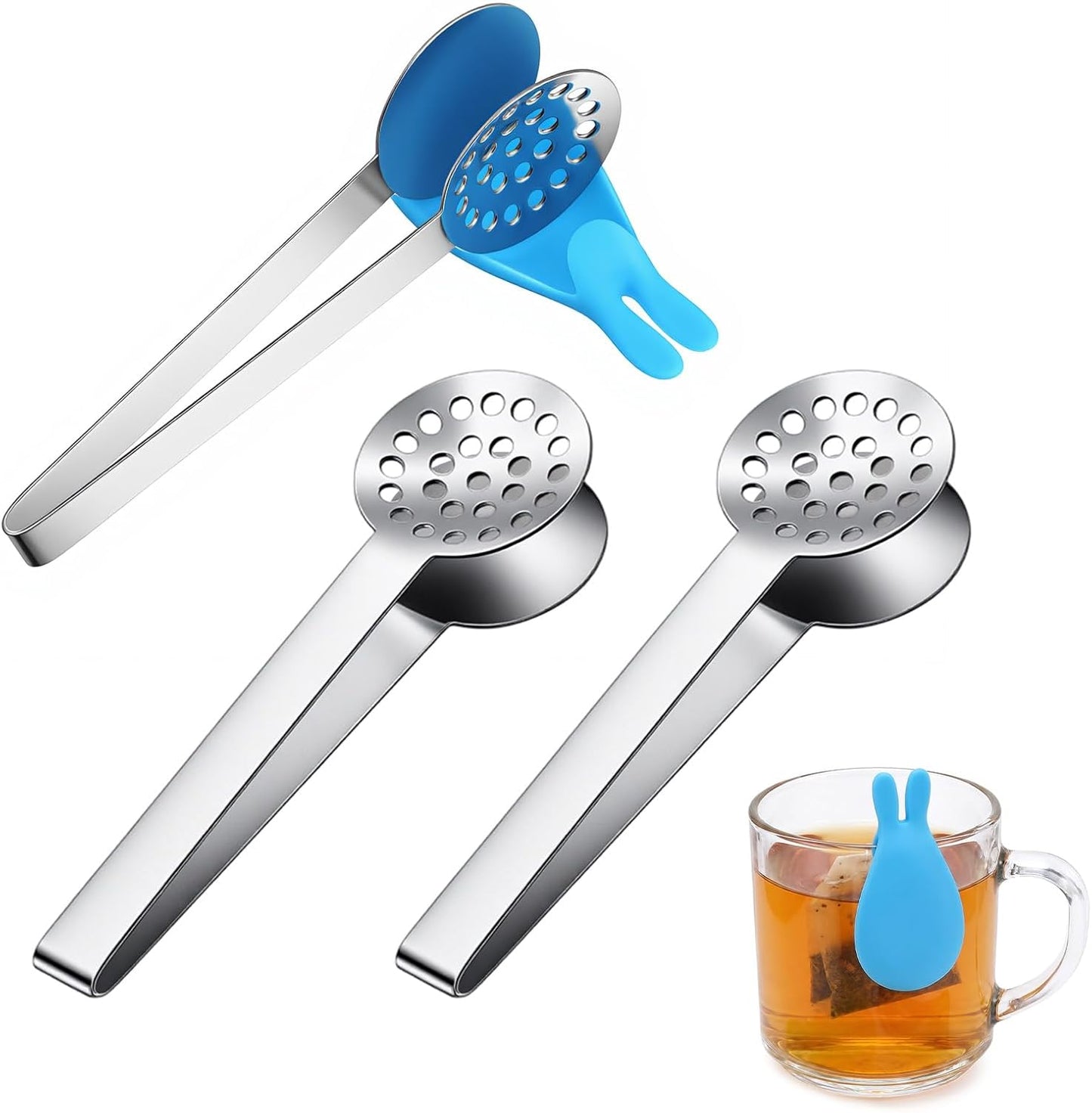 4PCS Stainless Steel Tea Bag Squeezer with Bunny Silicone Tea Bag Holders, 6inch Round Teabag Squeezer Strainer Clips Sugar Ice Cube for Kitchen Bar Tools