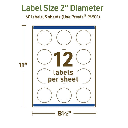 Avery Dissolvable Round Labels, Sure Feed Technology, 2" Diameter, Matte White, Print-to-The-Edge, Laser/Inkjet Printable, 60 Labels Total