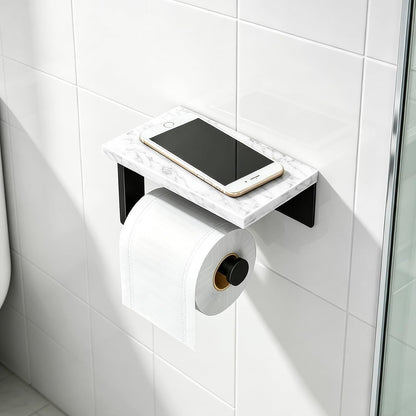 Gypie Marble Toilet Paper Holder with Shelf, Wall Mounted Matte Black | Stainless Steel Tissue Roll Paper Holder Dispenser for Bathroom Washroom
