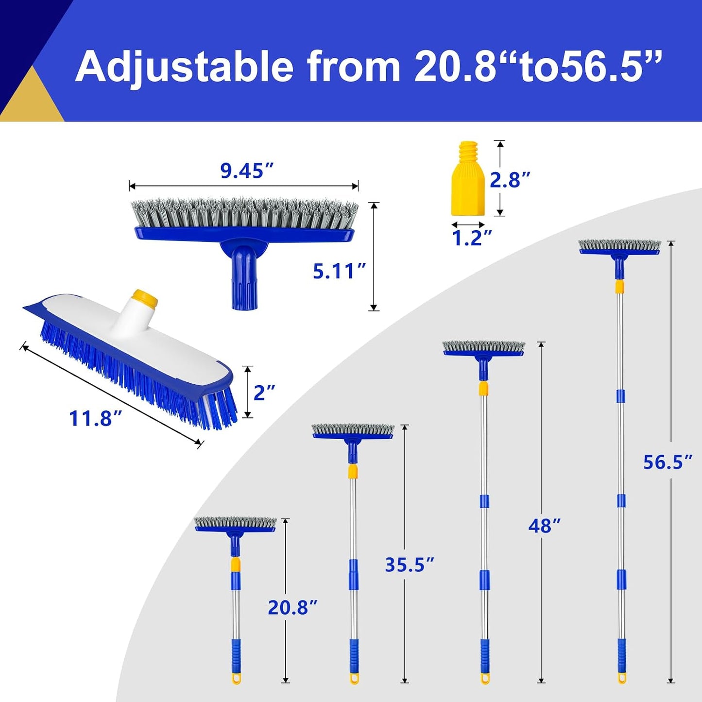 2 Pack Grout Brush with Long Handle, 56.5'' Swivel Grout Cleaning Brush,V-Shape Grout Scrub Brush, Extendable Handle Grout Cleaner Brush for Tile Floors，Bathroom,Baseboard,Shower,Corner