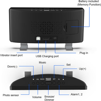 Electronic Vibration Alarm Clock with Super Loud Bed Shaker Memory Function Adjustable Brightness Volume 10 Songs Dual Alarm for Heavy Sleepers Bedroom Desk
