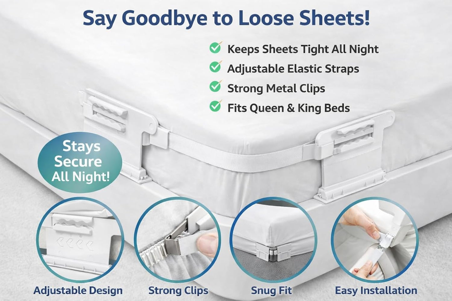 4PCS Adjustable Bed Sheet Straps - Heavy Duty Mattress Sheet Holders with Strong Clips, Non-Slip Elastic Sheet Grippers for All Bed Sizes
