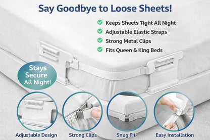 4PCS Adjustable Bed Sheet Straps - Heavy Duty Mattress Sheet Holders with Strong Clips, Non-Slip Elastic Sheet Grippers for All Bed Sizes