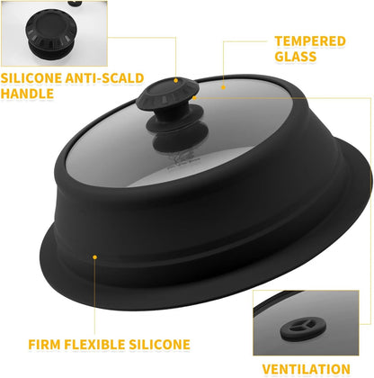 Collapsible Microwave Splatter Lid with Vented Tempered Glass Cover Wok Lid for Microwave Safe, Stockpot Steamer Pot Pan Round Bowl Plate 5" 6" 7" 8" 9" 10" Universal Multifunction Silicone Cover