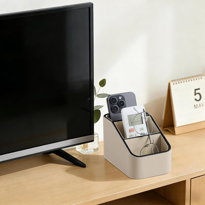 Remote Control Holder, Small Desk Organizer TV Remote Caddy, Black | PU Leather 3 Compartments Remote Holder, Remote Organizer Nightstand Organizer for Couch Bedside Living Room Office