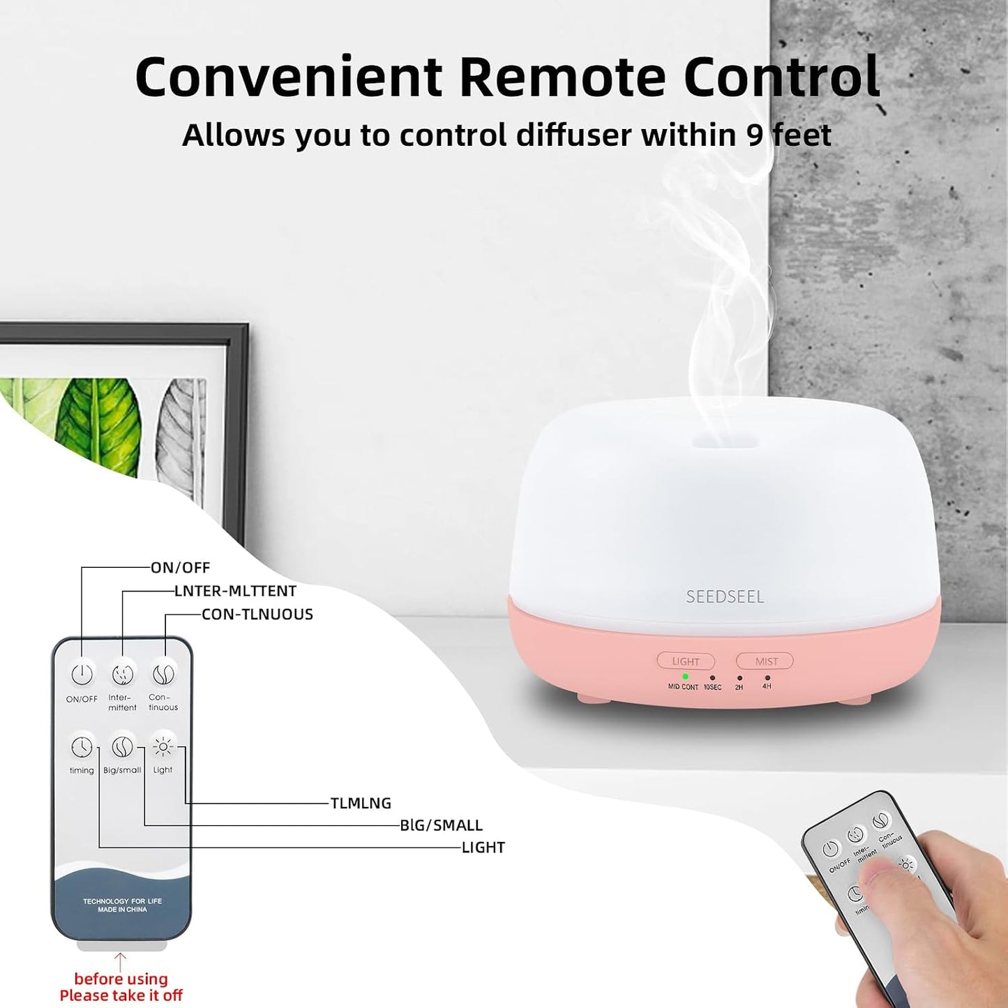 SEEDSEEL 300ML Essential Oil Diffuser with 7-Color LED Lights and Remote Control, Modern Minimalist Design, High-Efficiency Ultrasonic Mist Aromatherapy Diffuser for Home
