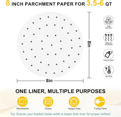 Air Fryer Parchment Paper Liners, 8 Inch 100 Pcs | Pre-Cut Non-Stick Unbleached Paper; Fits 3.5-6QT Air Fryers; Disposable And Durable; Microwave And Steaming Basket Safe