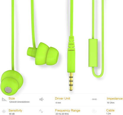 MAXROCK Wired Sleep Earphones Soft Sleep Earbuds Total Silicon Sleeping Headphones with in-line Mic for Cellphones, Mp3, Tablet pocasts 3.5mm, Green