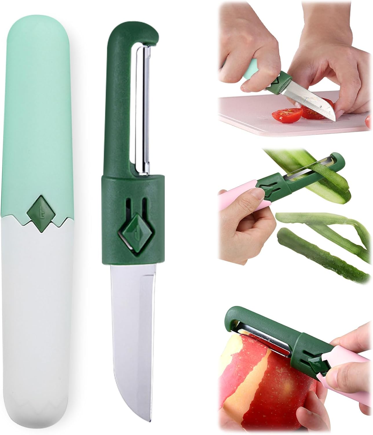 2 in 1 Paring Peeler Knife Multifunctional Stainless Steel Peeler,Creative Fruit and Vegetable Dual-Use Peeler Knife, Outdoor Portable Safety Cover Peeling Fruit Peeler, Kitchen gadgets (pink)