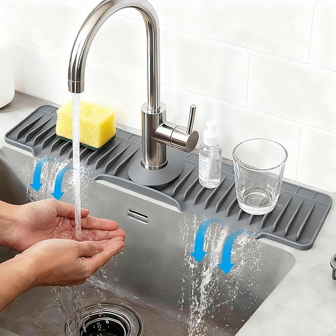 16" Silicone Faucet Mat for Kitchen Sink of The Lastest, Beige | 8° Slope Fast Self-draining, Kitchen Sink Water Splash Guard, Behind Faucet Draining Mat, for Bathroom Kitchen Sink Area