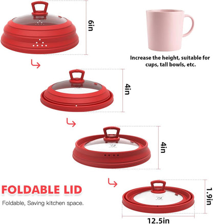Microwave Splatter Cover Vented Glass Splatter Guard Lid with Collapsible Silicone for Food as Pot Cover Plate 10.8 inch for 6 7 8 9 10 inch Plate Bowl