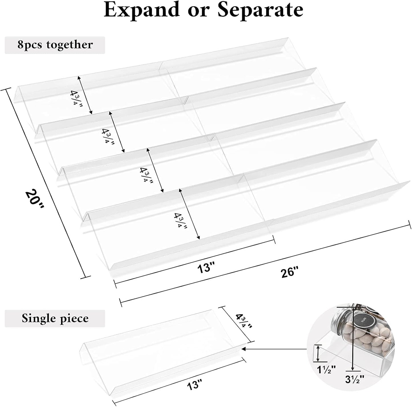 Bamboo Spice Rack Tray - Spice Drawer Organizer for Kitchen Cabinets Storage and Organization (Jars Not Included, 8 Individual Pieces, Not Adjustable)