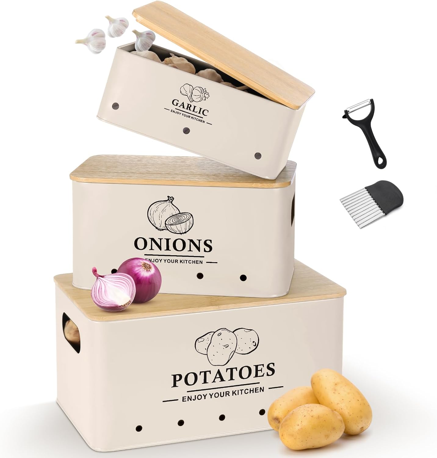 Kitchen Vegetable Storage Set of 3, Metal Onion Garlic Potato Storage Set, Kitchen Canisters Vegetable Keeper Containers with Aerating Holes and Bamboo Lid,Black