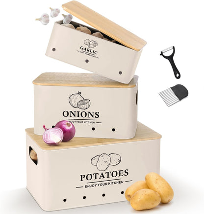 Kitchen Vegetable Storage Set of 3, Metal Onion Garlic Potato Storage Set, Kitchen Canisters Vegetable Keeper Containers with Aerating Holes and Bamboo Lid,Black